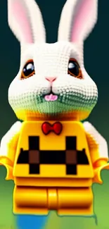 Cute Lego bunny in a yellow outfit on a vibrant background.