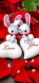 Cute bunnies with love hearts on red roses background.