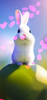 Adorable white bunny with pink hearts on green background.