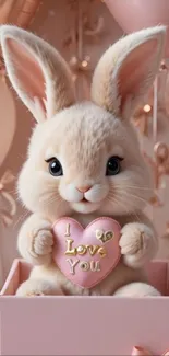Adorable bunny with heart saying 'I Love You' in a pink setting.