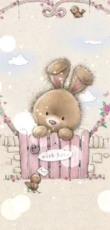 Cute fluffy bunny peeking over a pink gate decorated with flowers, birds, and love.