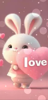 Cute bunny holding a love heart with pink background.