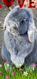 Gray bunny with love text and vibrant flowers, perfect wallpaper.