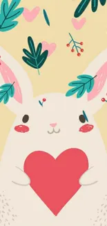 Cartoon bunny holding heart with nature elements.