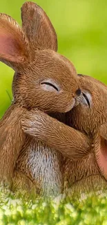 Two wooden bunnies hugging on green grass