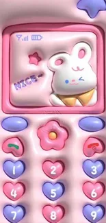 Cute bunny on vintage phone wallpaper with pastel colors and heart buttons.