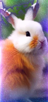 Adorable orange and white bunny with a nature background.