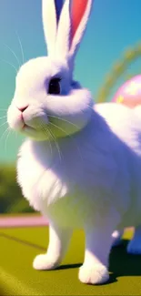 Cute white bunny on green grass with colorful background.