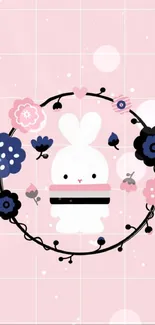 Cute bunny and flowers on pink checked wallpaper design.