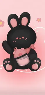 Cute black bunny with pink accents on a pastel background.