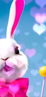 Adorable bunny with pink ears and bow on sky blue background.