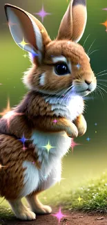 Cute fluffy bunny in green nature setting wallpaper.