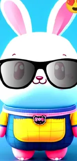 Cute cartoon bunny with sunglasses in a colorful background.