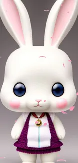 Wallpaper of a cute white bunny with blue eyes and pink ears in a purple outfit.