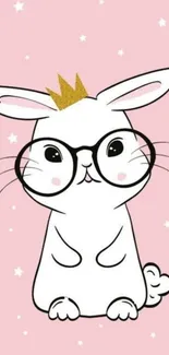 Cute bunny with glasses and crown on pink wallpaper.