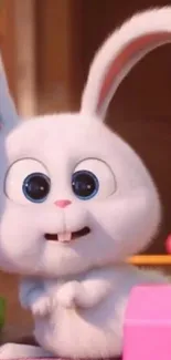 Animated cute bunny in a cozy room with pink hues.