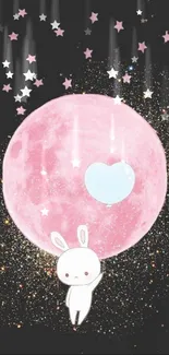 Cute bunny holding a pink moon with stars.