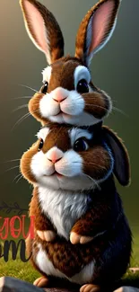 Cute mother and baby bunny mobile wallpaper with a loving message.