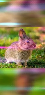 Adorable bunny in vibrant green grass with colorful background.