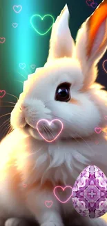 Fluffy white bunny with neon hearts and a decorative egg.