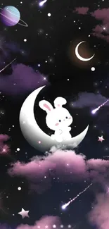 Cute bunny sitting on moon with stars and purple clouds in night sky.