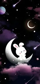 Cute bunny on crescent moon with stars and planets.