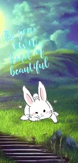 Cute bunny and moonlit night landscape mobile wallpaper.