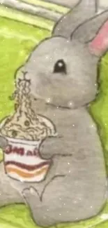 Cute gray bunny eating noodles from a cup with a green background.