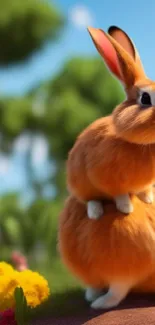 Adorable orange bunny sitting in a sunny meadow.