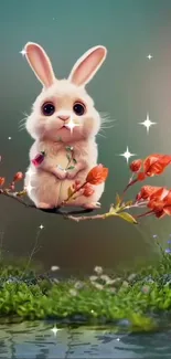 Cute fluffy bunny sitting on a branch with flowers and serene water below.