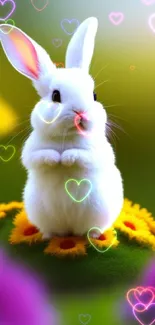 White bunny sitting on a colorful meadow with flowers.