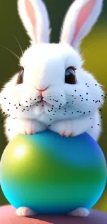 White bunny sitting on a colorful gradient sphere with a green background.