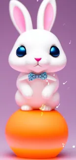 Adorable white bunny with a blue bow tie on an orange sphere against a purple background.