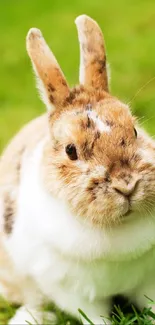 Cute bunny sitting on vibrant green grass.