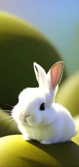 Cute white bunny on olive green hill, serene background.