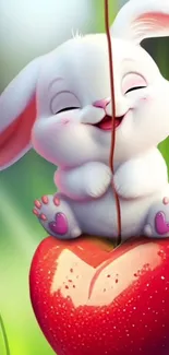 Cute bunny sitting on a heart-shaped object.
