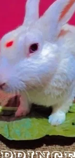 White rabbit with a red spot sits on a leaf with a pink background.