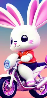 Cute bunny on a motorcycle with a colorful gradient background.