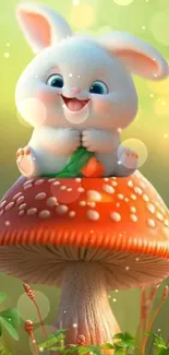 Cute bunny with carrot on mushroom, whimsical wallpaper.