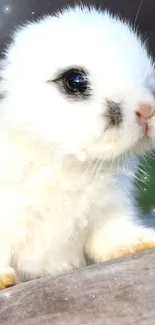 Cute white bunny on a wooden log with nature background.