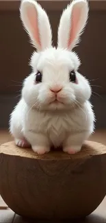 Fluffy white bunny sitting on a wooden stool.