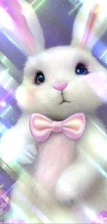 Cute white bunny with pink bow on dreamy lavender backdrop.