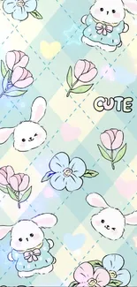 Cute pastel bunny wallpaper with floral accents.