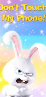 Cute bunny with 'Don't Touch My Phone!' on colorful background.