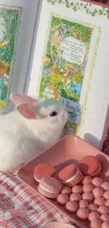 Cute white bunny at a pink picnic with macarons and a book.