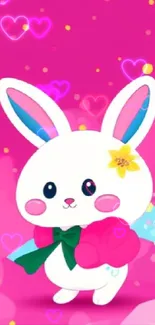 Cute white bunny on vibrant pink background with colorful accents.