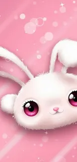 Cute white bunny on pink wallpaper background.