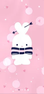 Cute bunny with bow on pink background mobile wallpaper.