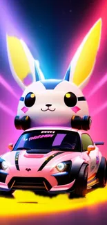 Cute bunny atop a sports car with neon lights.