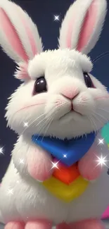 Cute white bunny with rainbow bandana on dark background.